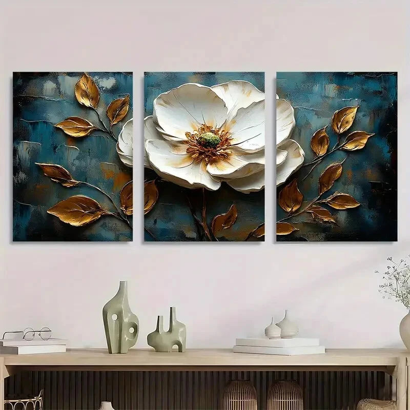 3pcs White Flower Golden Accents Oil Painting Metal Print Ready to Hang Art