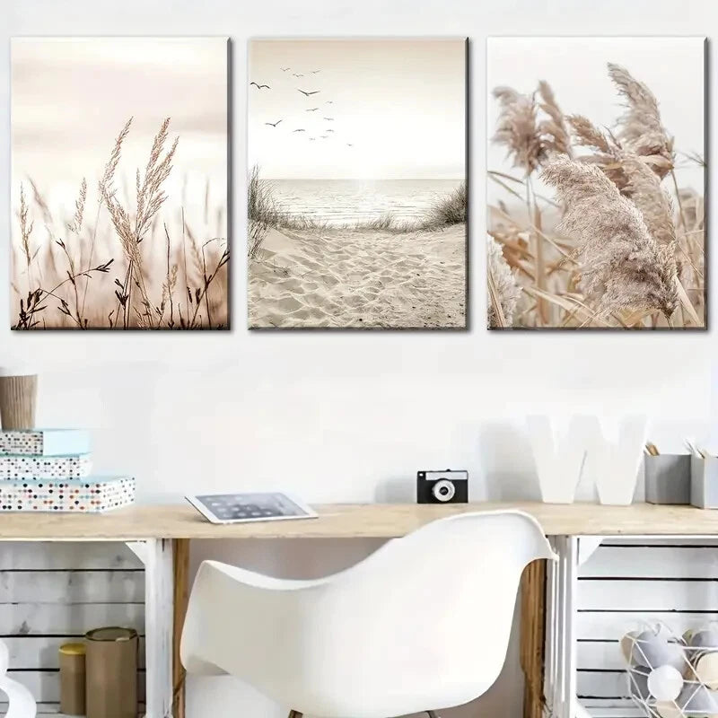 3pcs Natural Scenery Seaside Scenery Reed Metal Print Ready to Hang Art