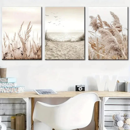 3pcs Natural Scenery Seaside Scenery Reed Metal Print Ready to Hang Art