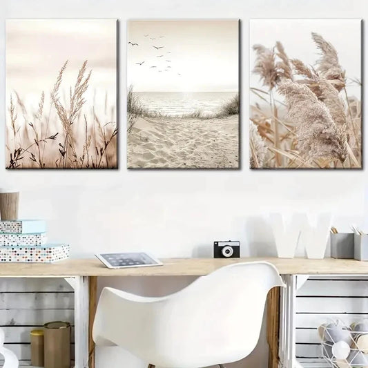 3pcs Natural Scenery Seaside Scenery Reed Metal Print Ready to Hang Art