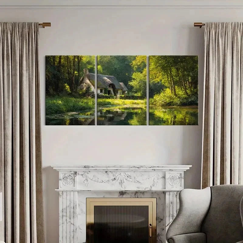 3pcs Rustic Cottage Forest Scene Serene Lake Metal Print Ready to Hang Art
