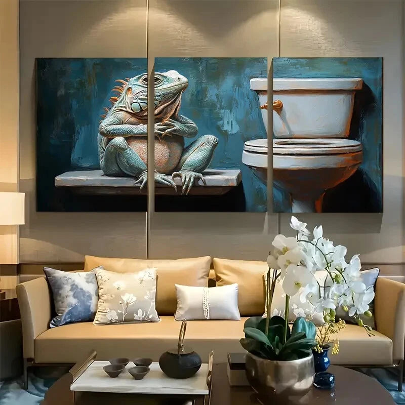 3pcs Iguana Sitting On Toilet in Bathroom Metal Print Ready to Hang Art