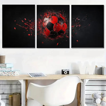 3pcs Soccer Vivid Red & Black Splash Design Metal Print Ready to Hang Art