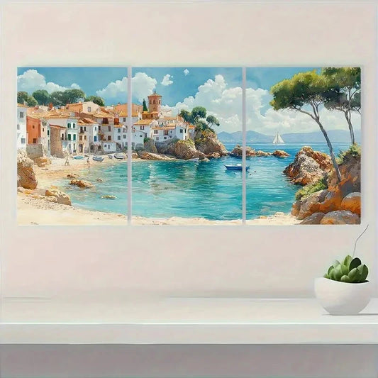 3pcs Spanish Watercolor Cityscape Coastal Metal Print Ready to Hang Art