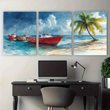 3pcs Tropical Watercolour Palm Tree & Red Sea Boat Metal Print Ready to Hang Art