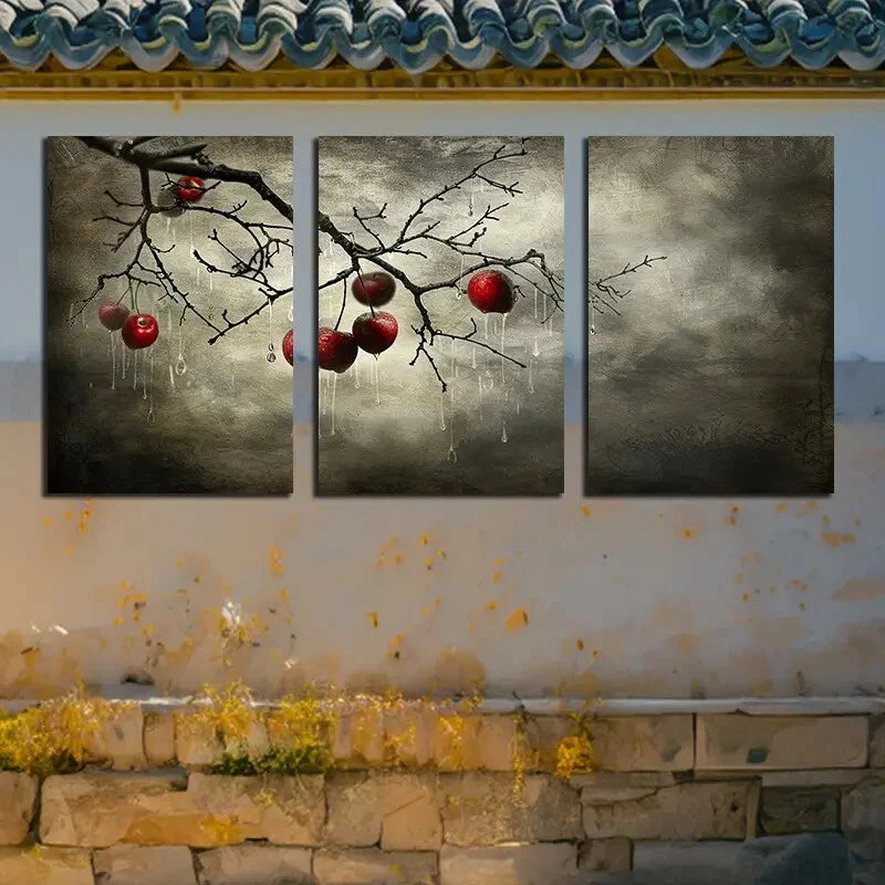 3pcs Apples on Branches Illustration Metal Print Ready to Hang Art