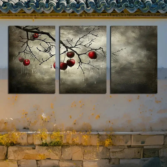 3pcs Apples on Branches Illustration Metal Print Ready to Hang Art