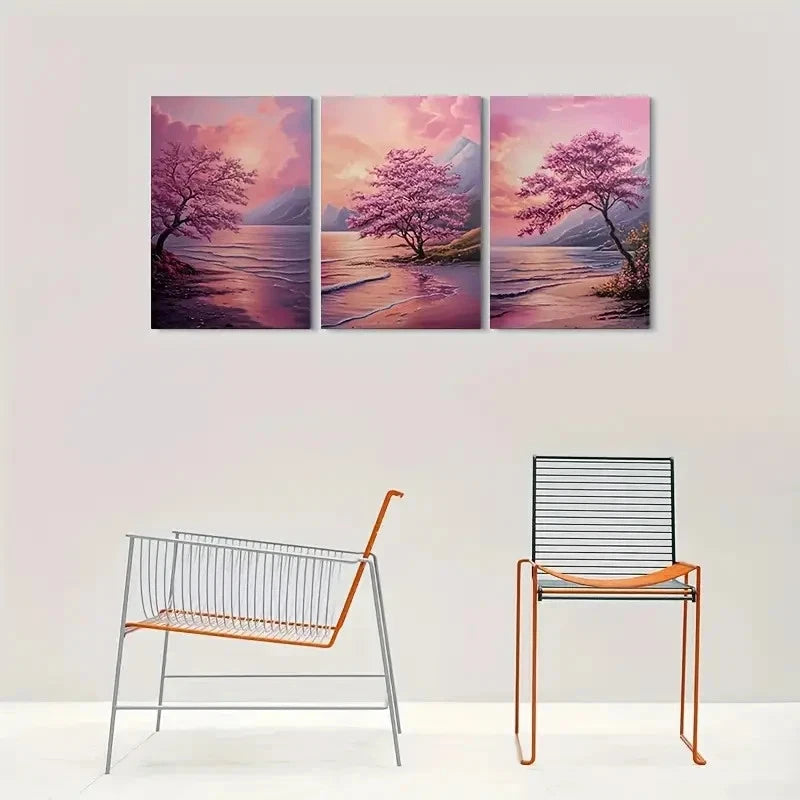 3pcs Vibrant Pink Sakura Trees & Sunset Sky Metal Print Ready to Hang Art