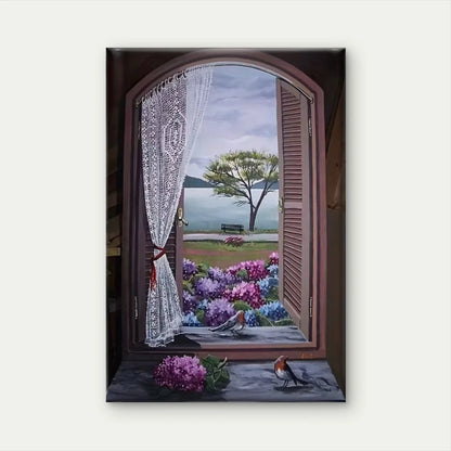 Floral & Bird Window Scenery Oil Painting Metal Print Ready to Hang