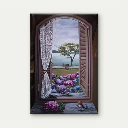 Floral & Bird Window Scenery Oil Painting Metal Print Ready to Hang