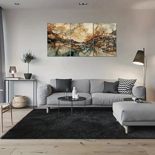 Modern living room with a gray sectional sofa, abstract wall art, and decorative items.