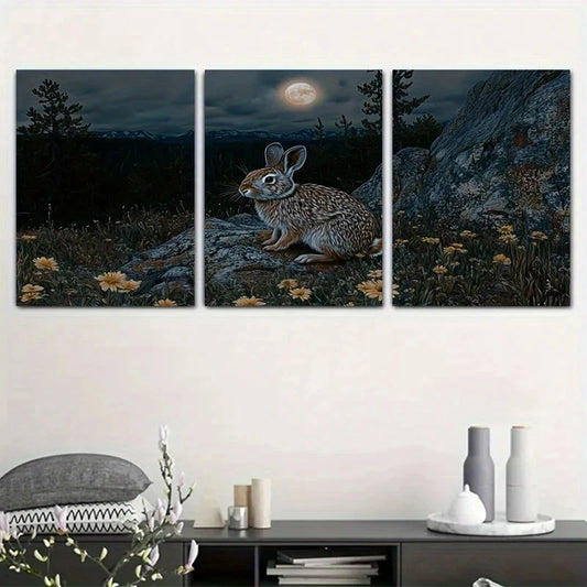 3pcs Rabbit Mountain Scenery at Night Metal Print Ready to Hang Art