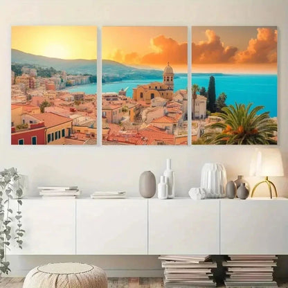 3pcs Mediterranean Coastal Sunset Cityscape Metal Print Ready to Hang Art