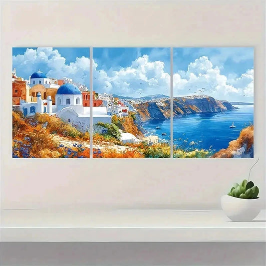 3pcs Blue Roofs Of Santorini Watercolor Perfect Wall Art Set Canvas Framed 40x60cm - High Quality Print 100% Australian Made Wall Canvas Ready to Hang