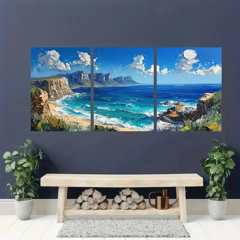 3pcs Featuring Table Mountain & Beach Landscape Metal Print Ready to Hang Art