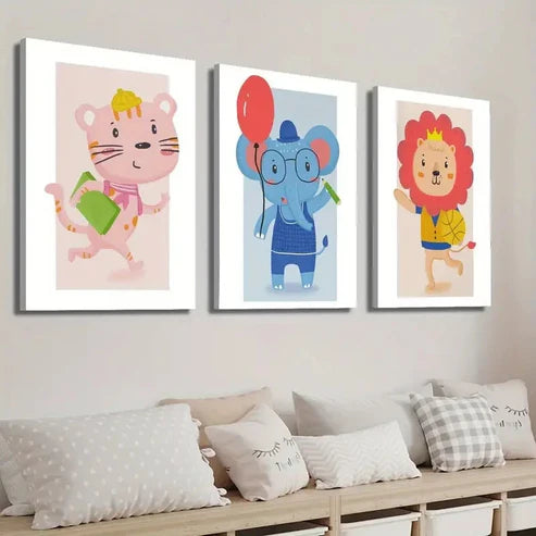 3pcs Funny Cartoon Animal Illustration Wall Art Set Canvas Unframed - High Quality Print 100% Australian Made Wall Canvas