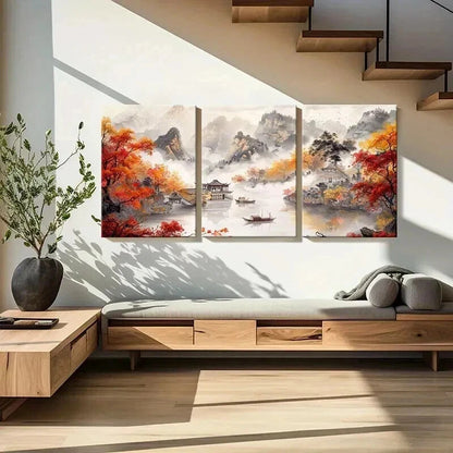 3pcs Chinese Autumn Mountain & River Scene Wall Art Set Canvas Framed 40x60cm - High Quality Print 100% Australian Made Wall Canvas Ready to Hang