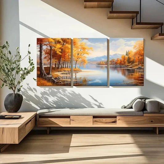 3pcs Autumn Forest Fallen Leaves Lake Mountains Wall Art Set Canvas Framed 40x60cm - High Quality Print 100% Australian Made Wall Canvas Ready to Hang