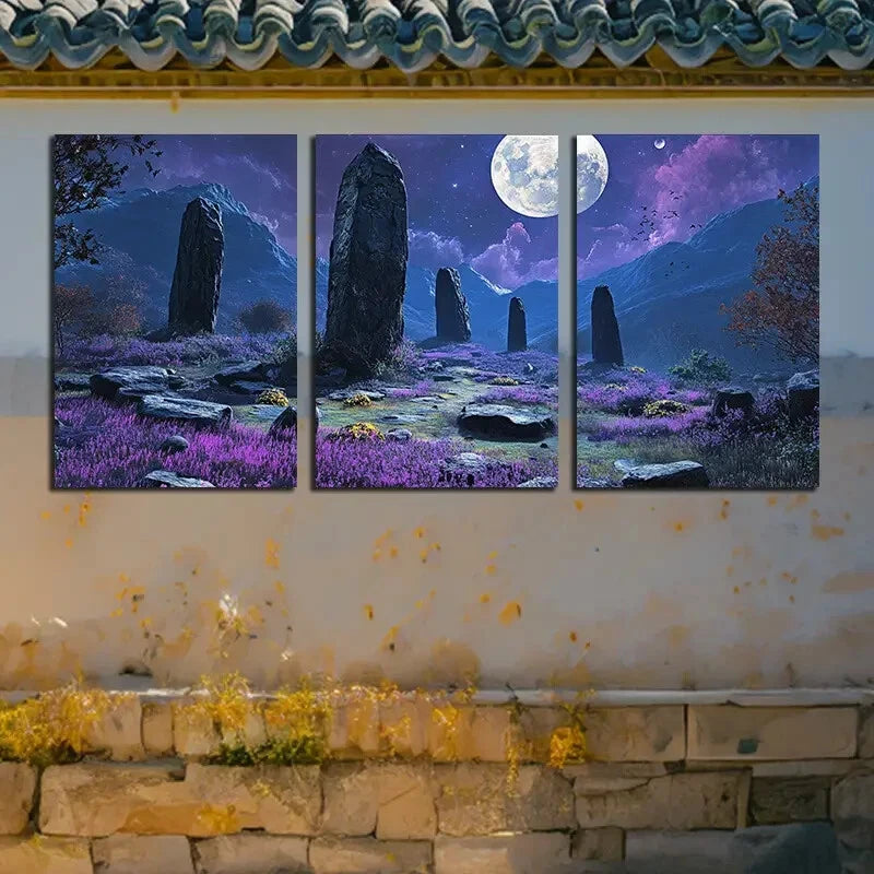 3pcs Purple Planet Ruins Illustration Metal Print Ready to Hang Art