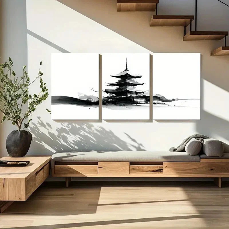 3pcs Abstract Pagoda Ink Painting Zen Art Metal Print Ready to Hang Art