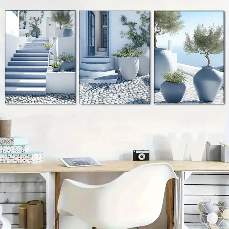 3pcs Santorini Blue And White Mediterranean Metal Print Ready to Hang Art