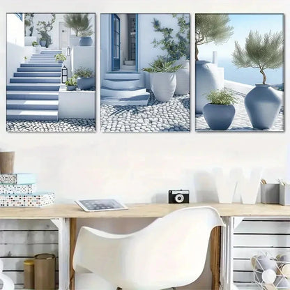 3pcs Santorini Blue And White Mediterranean Metal Print Ready to Hang Art