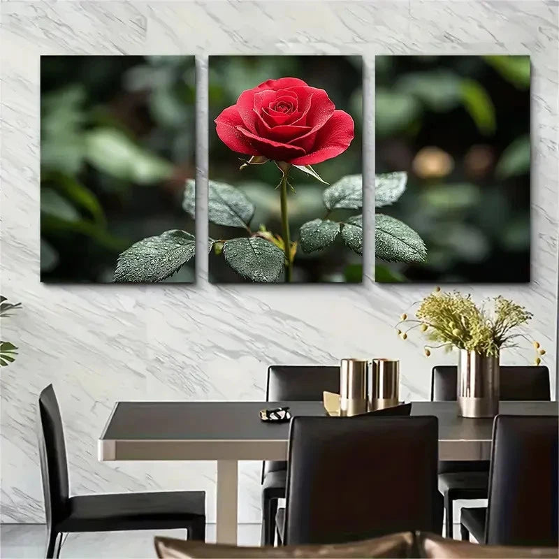 3pcs Elegant Single Red Rose Metal Print Ready to Hang Art