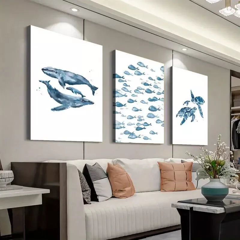 3pcs Water Color Painting Of Whale, Turtle & Fishes Canvas Framed 40x60cm - High Quality Print 100% Australian Made Wall Canvas Ready to Hang