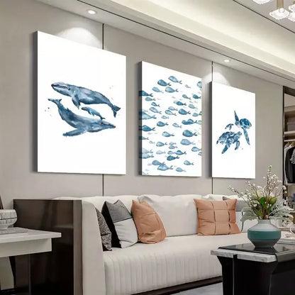 3pcs Water Color Painting Of Whale, Turtle & Fishes Canvas Framed 40x60cm - High Quality Print 100% Australian Made Wall Canvas Ready to Hang