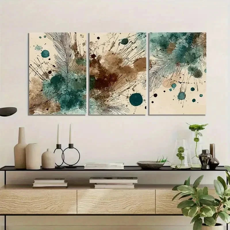 3pcs Brown and Teal Watercolor Splashes Metal Print Ready to Hang Art