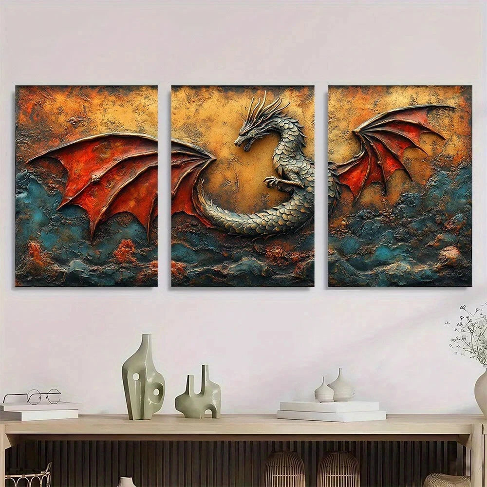 3pcs Vintage Dragon Magical Fantasy Scene Metal Print Ready to Hang Art