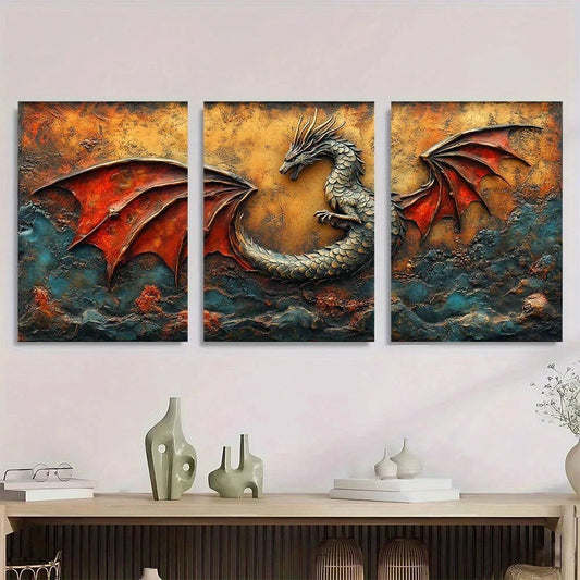 3pcs Vintage Dragon Magical Fantasy Scene Metal Print Ready to Hang Art