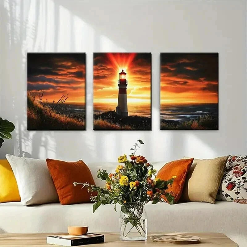 3pcs Lighthouse Warm Sunset Glow Ocean Perfect Wall Art Set Canvas Framed 40x60cm - High Quality Print 100% Australian Made Wall Canvas Ready to Hang