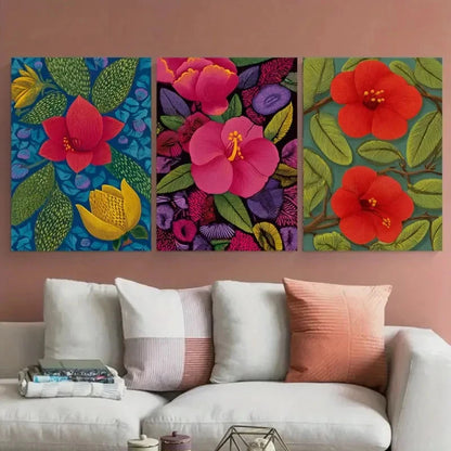 3pcs Vintage Cali Colombia Floral Illustration Wall Art Set Canvas Framed 60x90cm - High Quality Print 100% Australian Made Wall Canvas Ready to Hang
