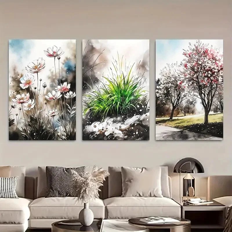 3pcs Soft Tones Floral & Tree Watercolor Design Metal Print Ready to Hang Art