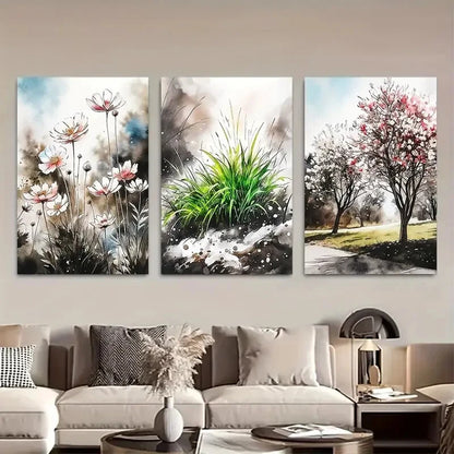 3pcs Soft Tones Floral & Tree Watercolor Design Metal Print Ready to Hang Art