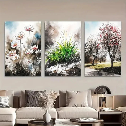 3pcs Soft Tones Floral & Tree Watercolor Design Metal Print Ready to Hang Art
