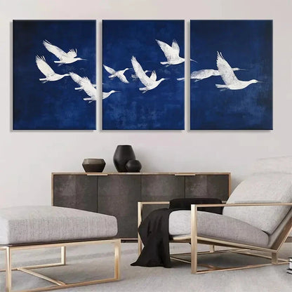 3pcs Elegant White Birds in Flight Blue Metal Print Ready to Hang Art