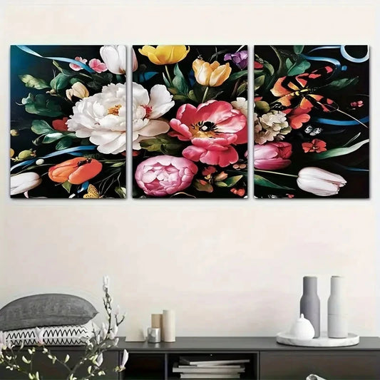3pcs Peony and Tulip Bouquet with Black Backgroun Metal Print Ready to Hang Art