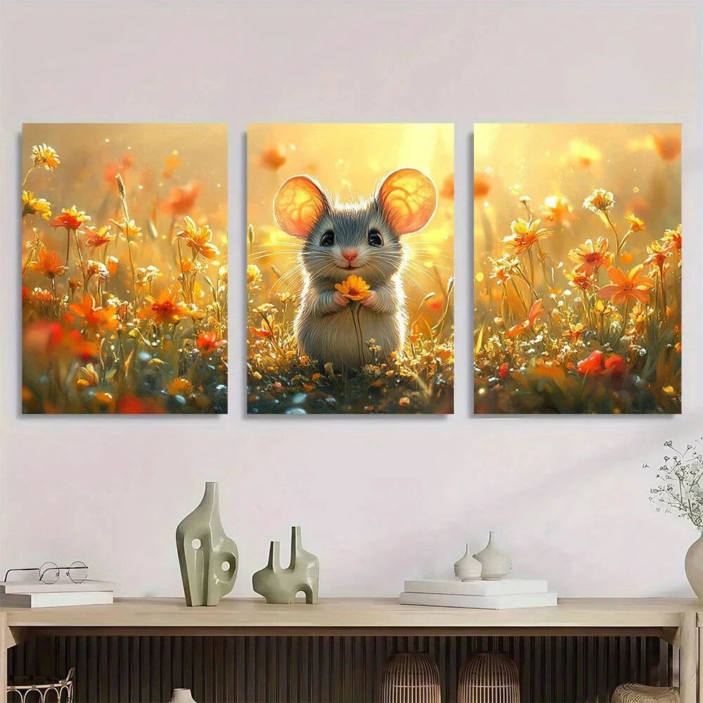 3pcs Mouse & Meadow Scene Vibrant Floral Metal Print Ready to Hang Art