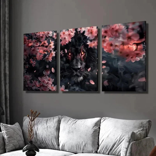 3pcs Black Panther & Pink Cherry Blossom Wall Art Set Canvas Framed 40x60cm - High Quality Print 100% Australian Made Wall Canvas Ready to Hang