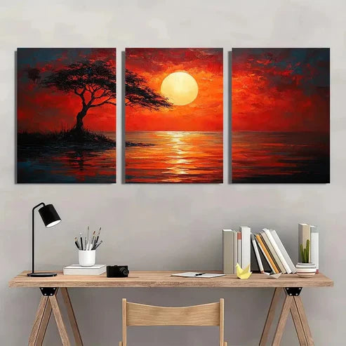 3pcs Savannah Sunshine Red Darkness Wall Art Canvas Unframed - High Quality Print 100% Australian Made Wall Canvas