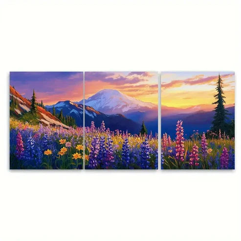 3pcs Mount Rainier Wildflower Mountain Sunset Wall Art Set Canvas Unframed - High Quality Print 100% Australian Made Wall Canvas