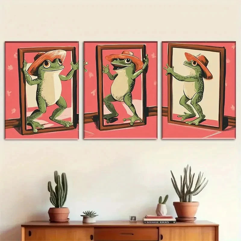 3pcs Vibrant Whimsical Cartoon Frog with Hat Metal Print Ready to Hang Art