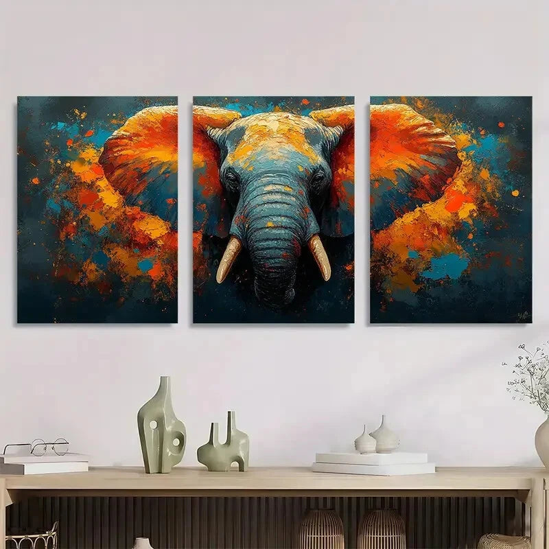 3pcs Vibrant Elephant Abstract Colorful Metal Print Ready to Hang Art