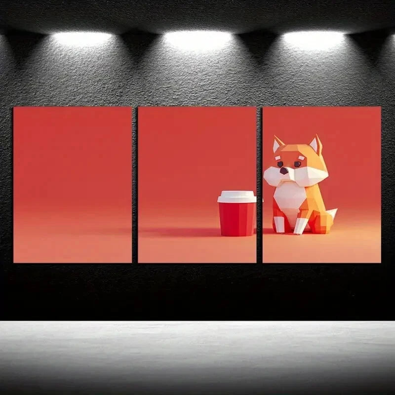 3pcs Modern Geometric Dog & Cup Illustration Metal Print Ready to Hang Art