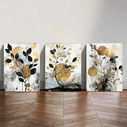 3pcs Black & Golden Watercolor Abstract Wall Art Metal Print Ready to Hang Art