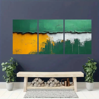 3pcs Green & White Abstract Minimalist Textured Metal Print Ready to Hang Art