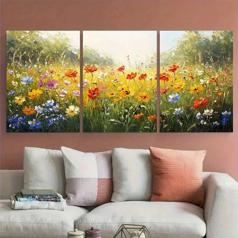 3pcs Floral Meadow Sunlit Wildflowers Field Design Metal Print Ready to Hang Art