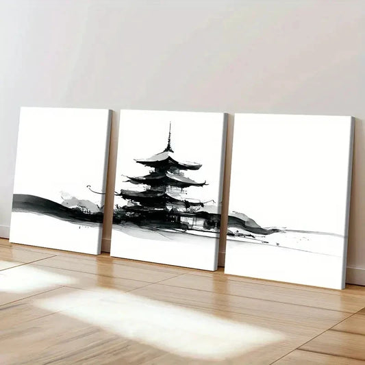 3pcs Black & White Abstract Pagoda Ink Painting Wall Art Set Canvas Framed 60x90cm - High Quality Print 100% Australian Made Wall Canvas Ready to Hang